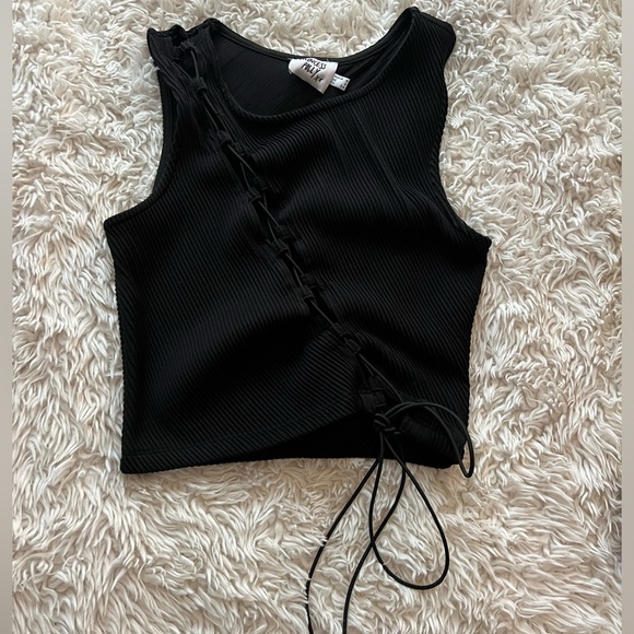 Princess Polly Tops - Princess Polly Black Ribbed Tie Up Tank Top